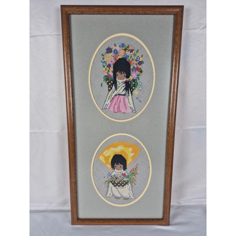 Vintage DeGrazia Needlepoint Flower Boy Girl Framed Wall Art Southwest